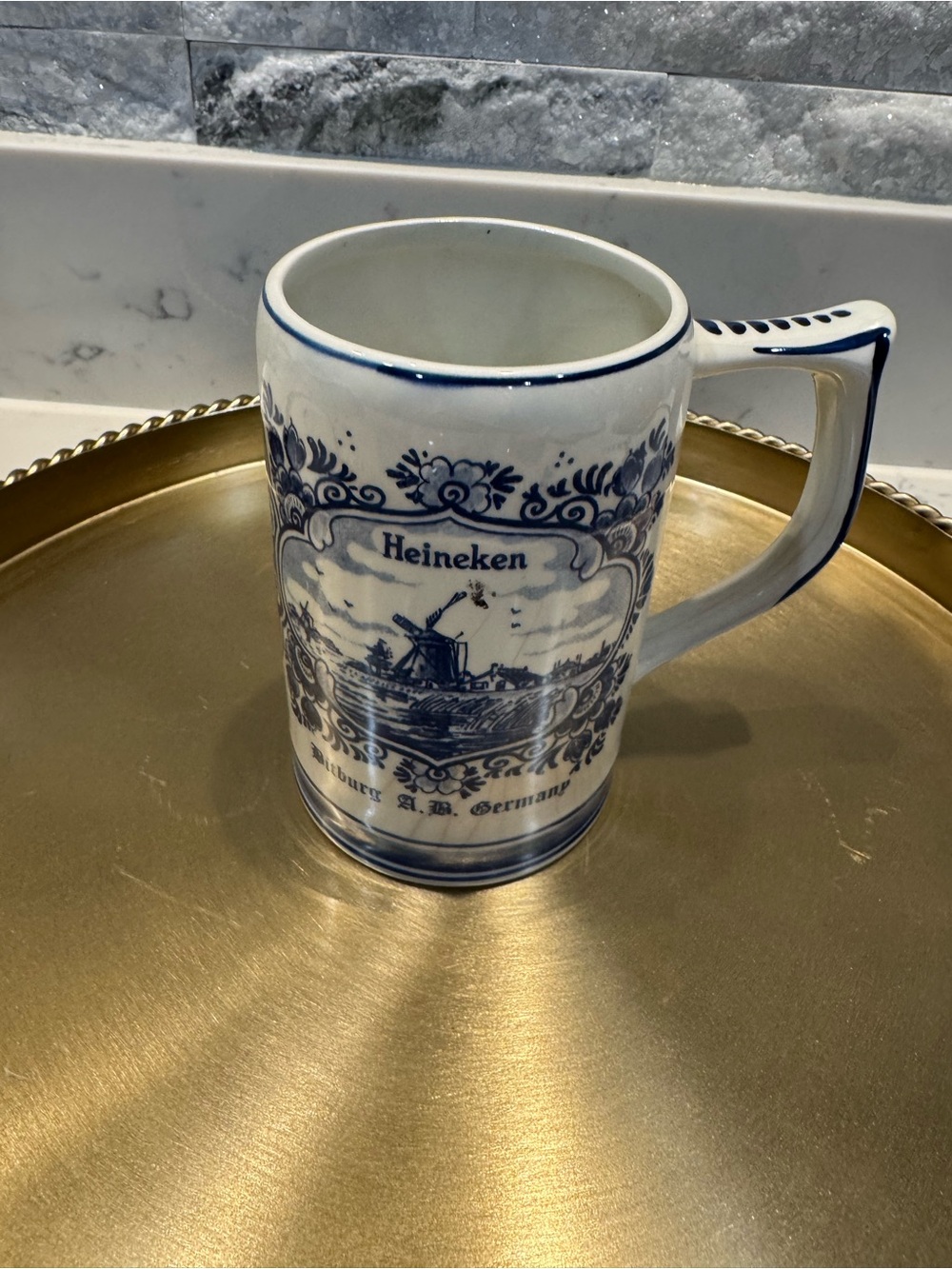 Vintage Heinrken Blue Delft Beer Stein Hand Painted Holland 5.5”